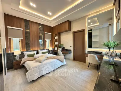 Luxurious modern bedroom with elegant decor and ambient lighting