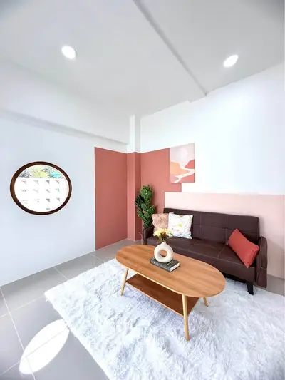 Modern living room with stylish decor and cozy seating area