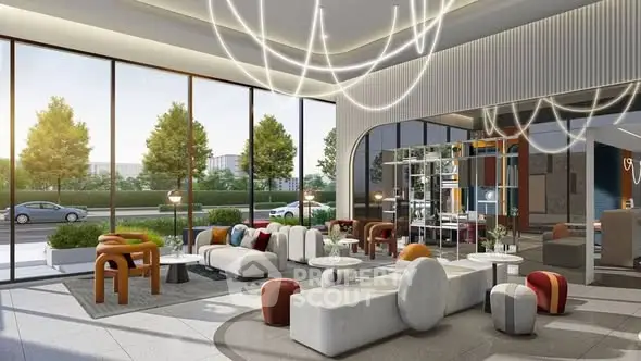 Luxurious modern living room with stylish furniture and large windows offering a scenic view.