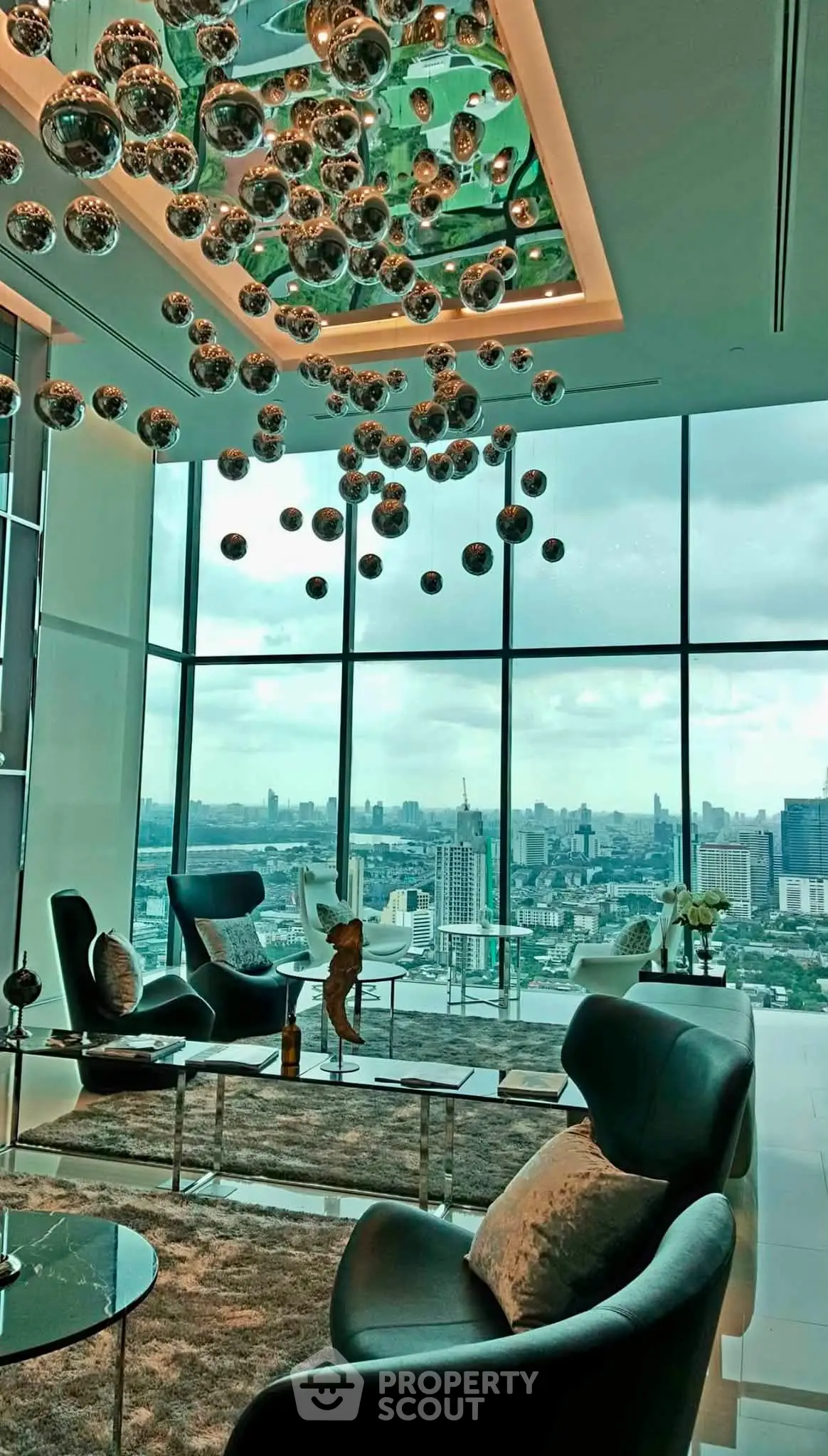 Luxurious living room with panoramic city view and modern decor