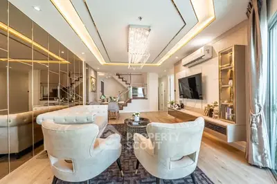 Luxurious modern living room with elegant decor and ambient lighting