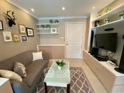 Cozy living room with modern decor and entertainment center