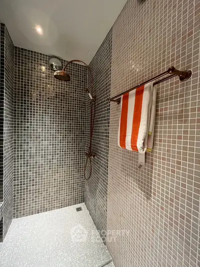 Modern bathroom with stylish mosaic tiles and rainfall showerhead