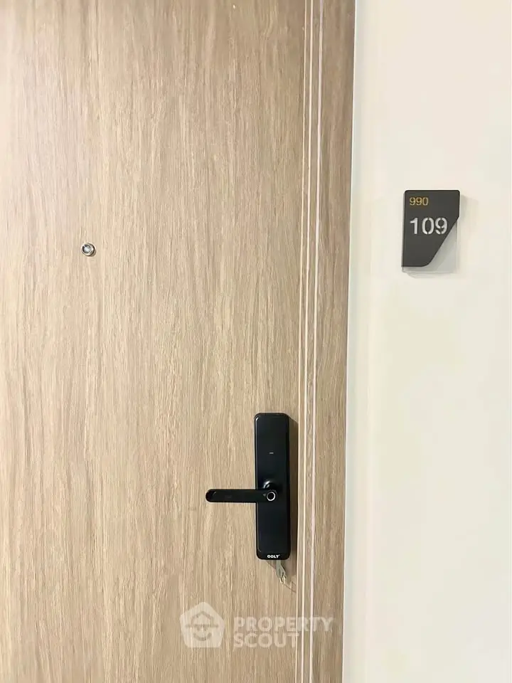 Modern apartment door with electronic lock and room number 109, showcasing secure entry.