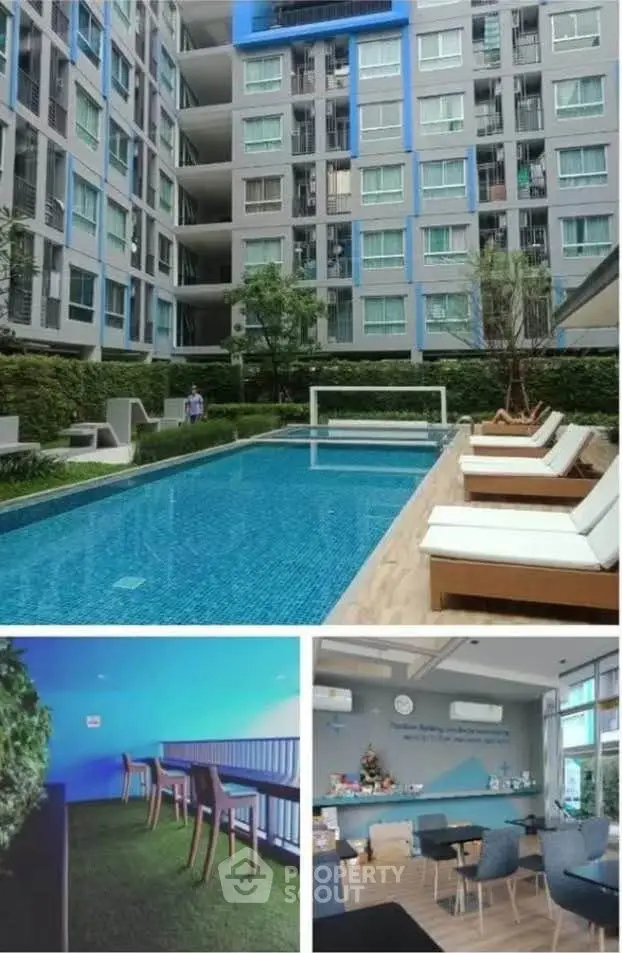 Modern condominium with pool, garden seating, and stylish lobby area for luxury living.