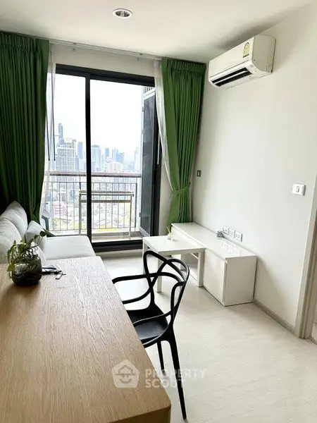 Modern living room with city view, green curtains, and air conditioning in a high-rise apartment.
