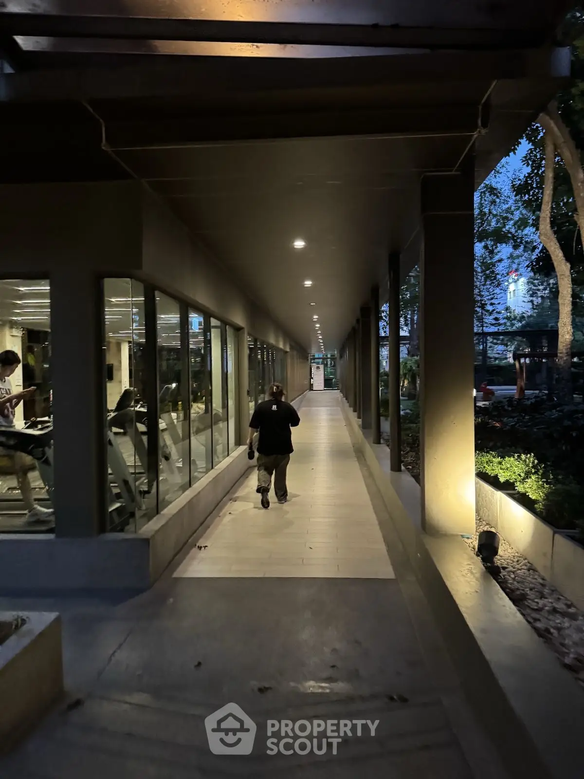 Modern gym exterior with glass walls and evening lighting, showcasing fitness amenities in a sleek urban setting.
