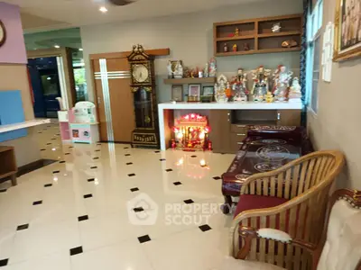 Spacious living room with elegant decor and unique clock feature