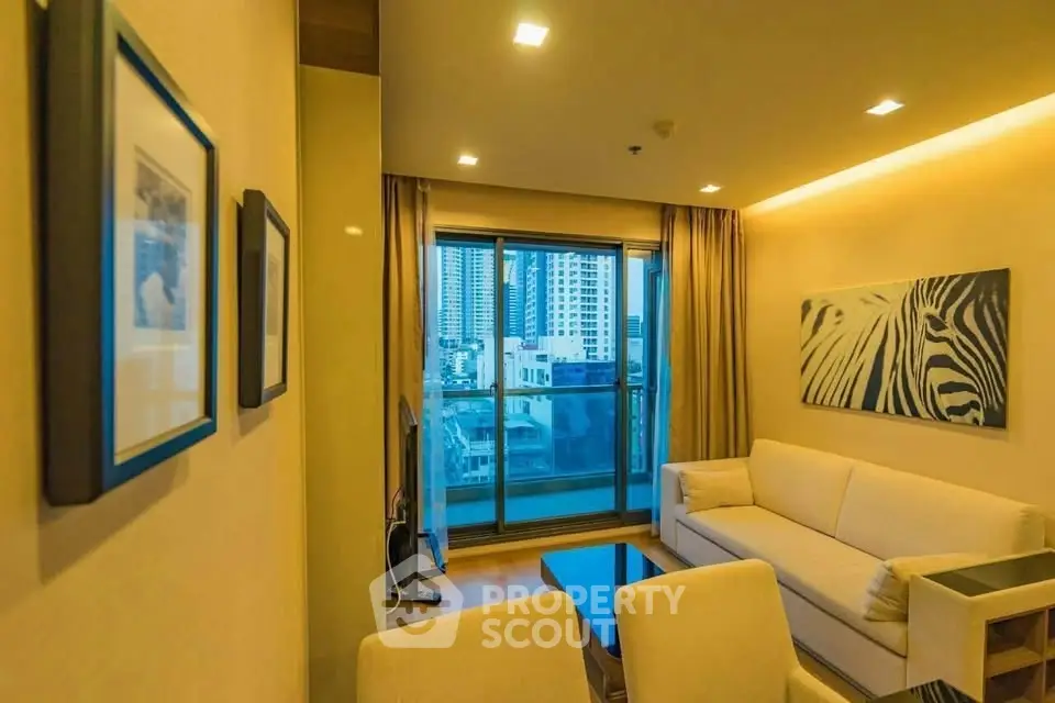 Modern living room with city view, cozy seating, and stylish decor in urban apartment.