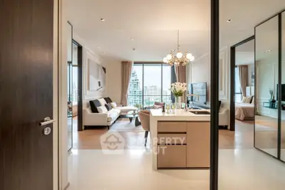 Luxurious modern living room with city view, elegant decor, and spacious layout.