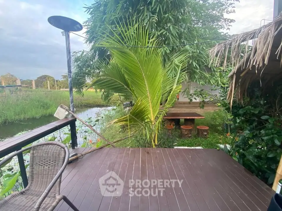 Charming garden view from a wooden deck with lush greenery and serene pond.