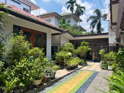 Charming garden courtyard with lush greenery and modern architecture under a clear blue sky.