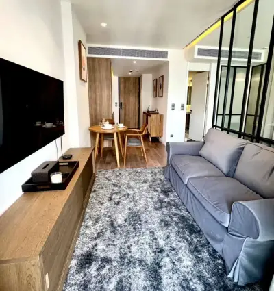 Modern living room with cozy sofa, stylish decor, and large TV in a contemporary apartment.