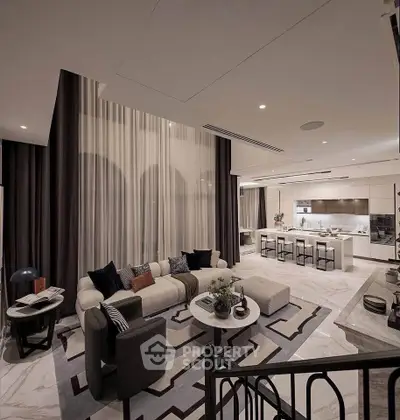 Luxurious open-plan living room with modern kitchen, elegant decor, and stylish furniture in a high-end apartment.