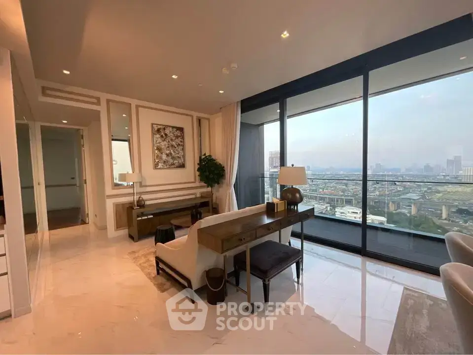 Luxurious living room with stunning city view and spacious balcony in modern apartment