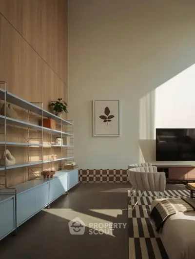 Modern living room with high ceilings, stylish furniture, and natural light.