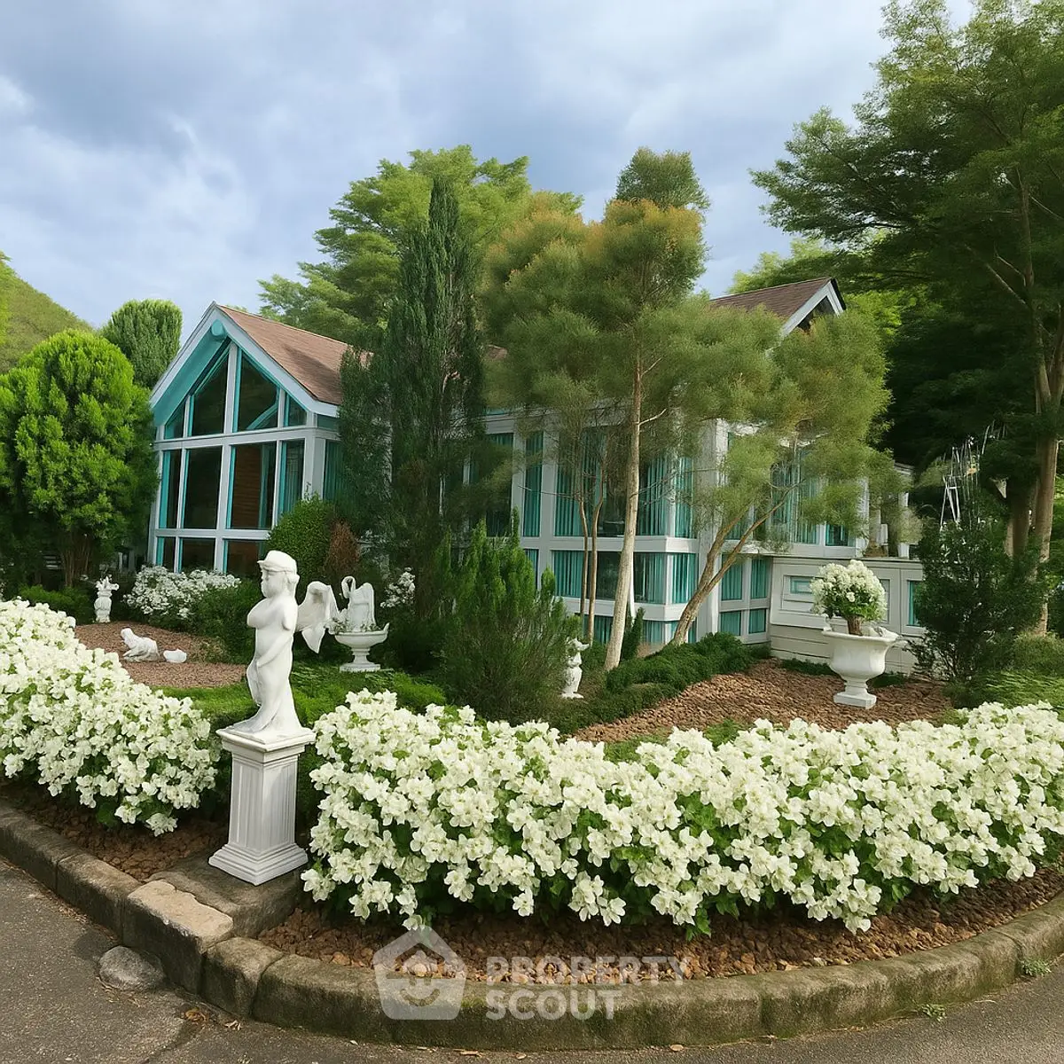 Charming countryside home with lush garden and elegant statues