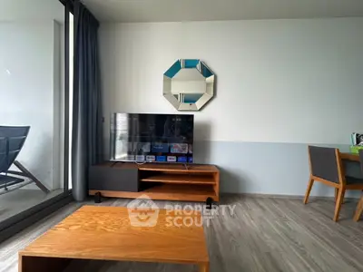 Modern living room with sleek TV setup and stylish decor