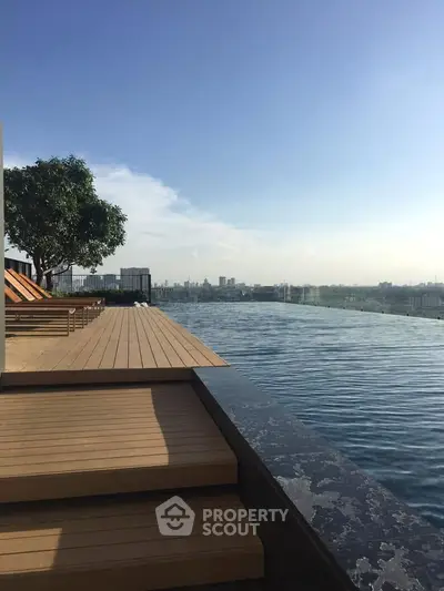 Luxurious rooftop infinity pool with stunning city skyline view, perfect for relaxation and leisure.
