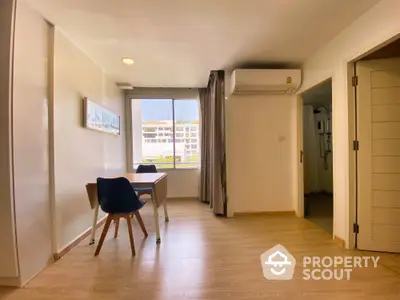 Bright study room with modern furniture and large window view