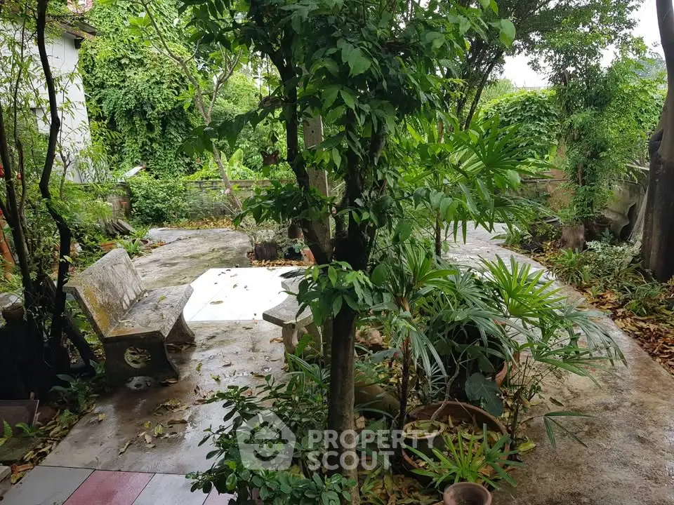 Charming garden oasis with lush greenery and cozy seating area, perfect for relaxation and outdoor enjoyment.