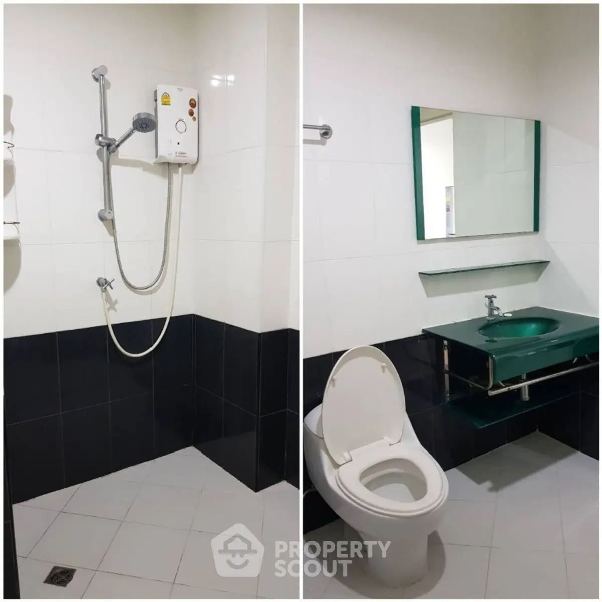 Modern bathroom with shower and sleek fixtures in a contemporary apartment.