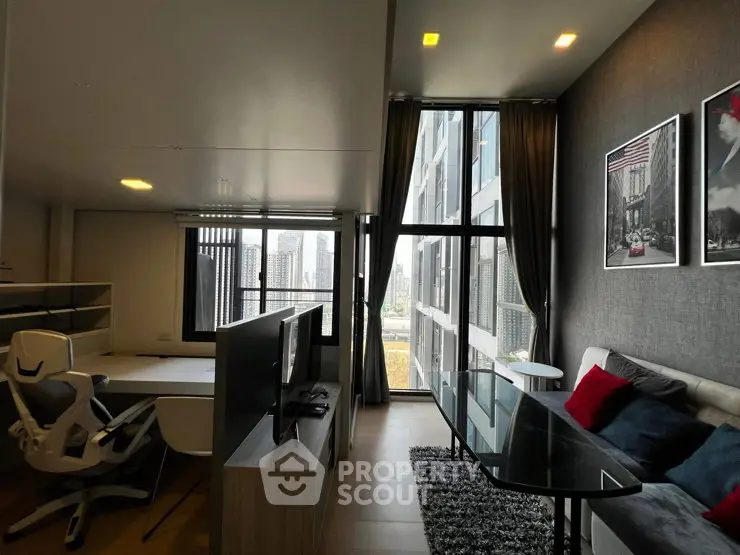 Modern living room with city view, stylish decor, and natural light