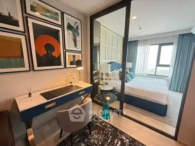 Modern bedroom with stylish study area and large window view