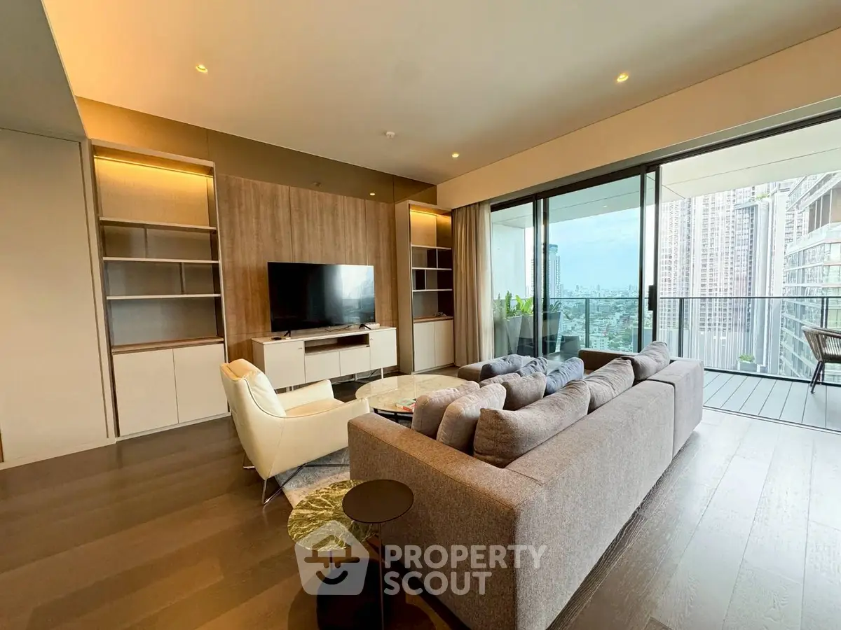 Spacious modern living room with city view and large balcony