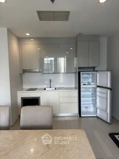 Modern kitchen with sleek cabinets and open fridge in a stylish apartment
