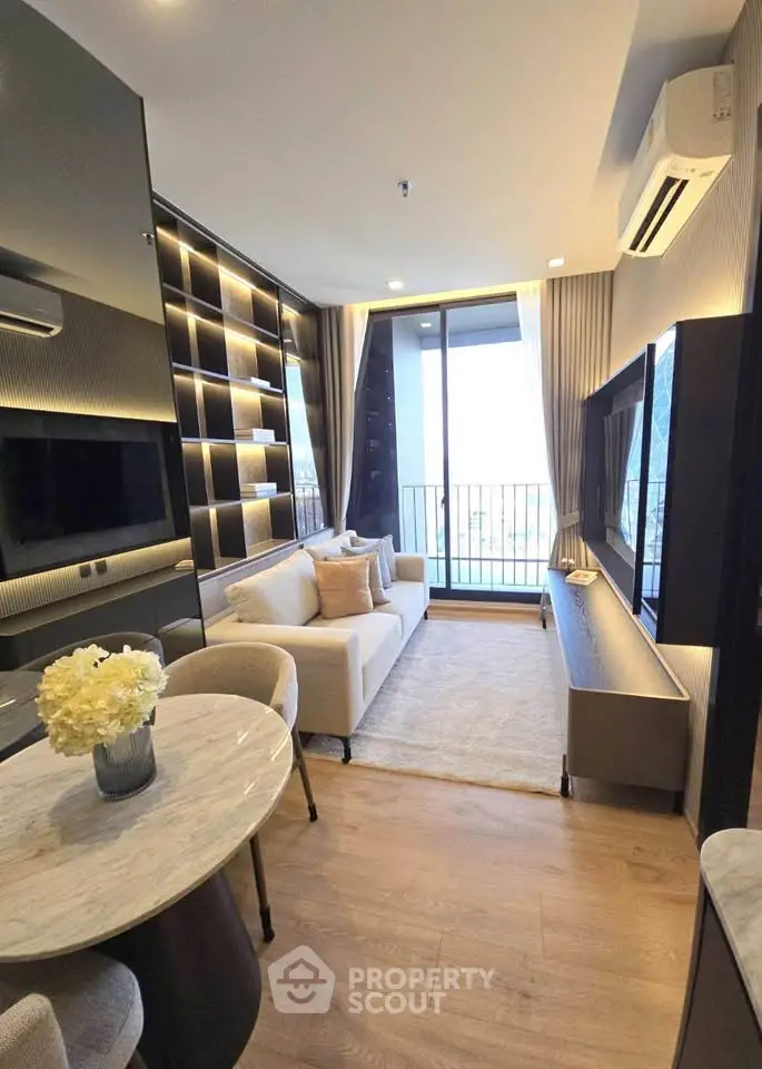 Modern living room with elegant decor and balcony view in luxury apartment