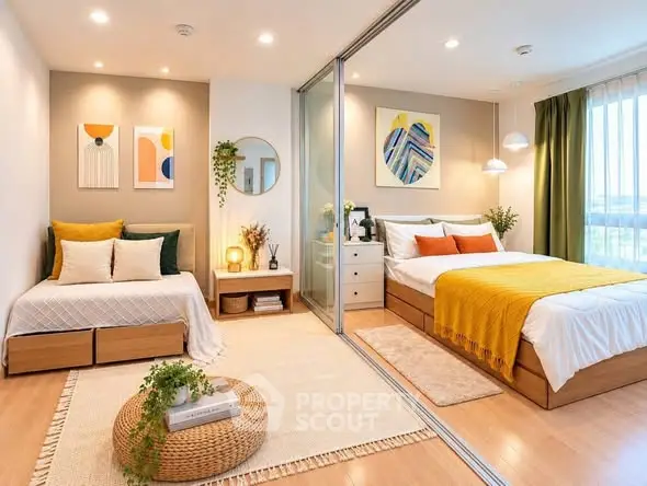 Stylish bedroom with modern decor and cozy ambiance, featuring a comfortable bed and elegant furnishings.