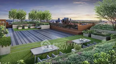 Stunning rooftop garden with panoramic city views and modern outdoor seating.