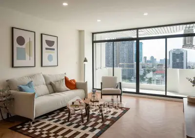 Modern living room with city view and stylish decor