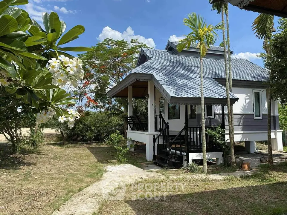 Charming small house with tropical garden and blue sky
