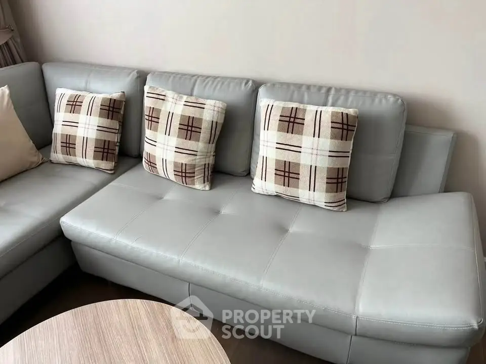 Stylish modern living room with sleek gray sofa and plaid cushions.