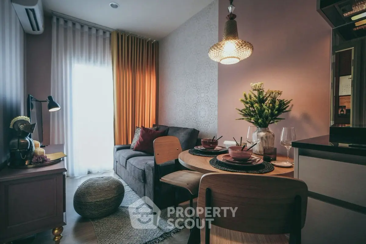 Cozy living room with stylish decor and dining area