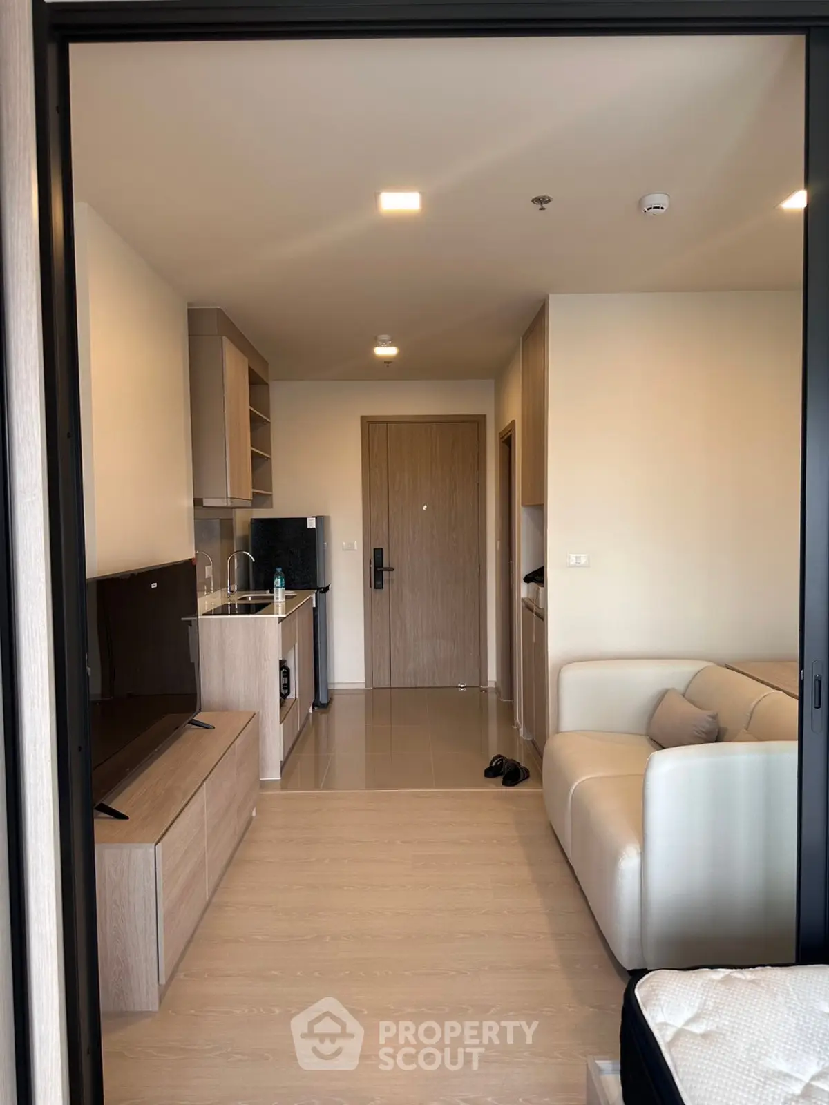 Modern apartment interior with open layout, featuring a cozy living area and compact kitchen.