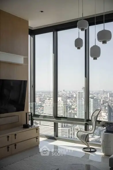 Luxurious modern living room with panoramic city view and elegant decor