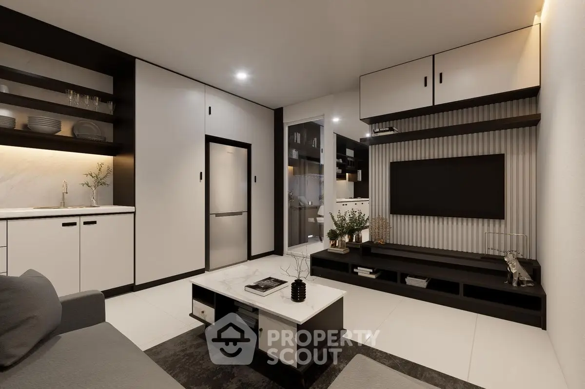 Modern living room with sleek furniture and built-in storage, perfect for stylish urban living.
