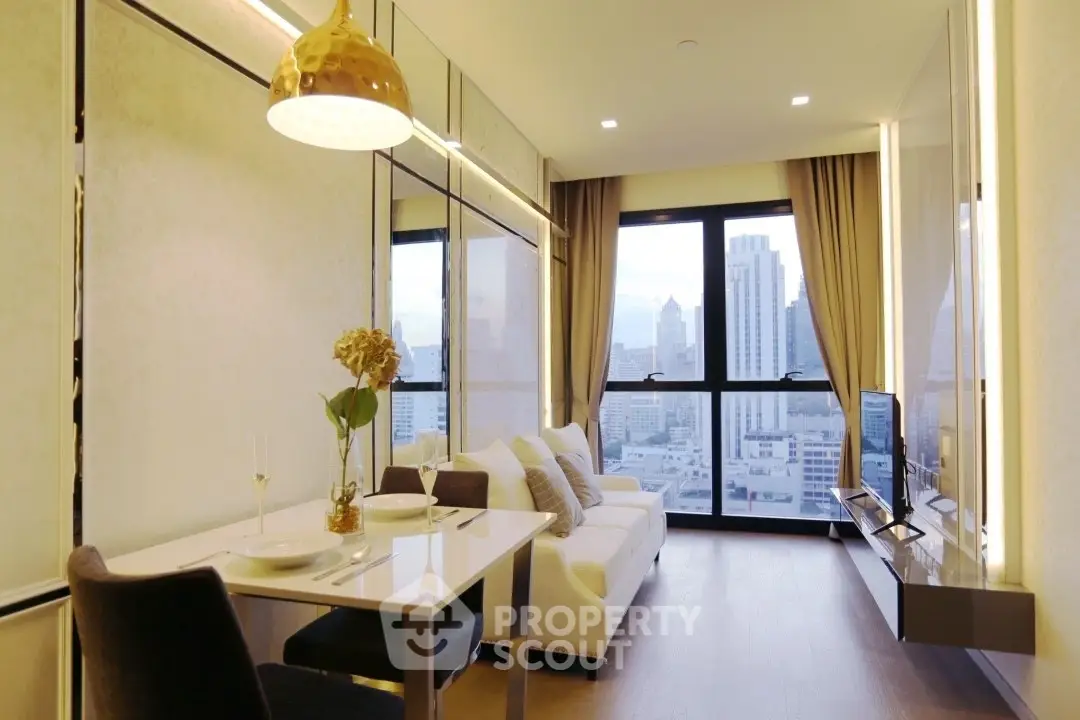 Luxurious modern living room with city view, elegant decor, and stylish furniture in high-rise apartment.