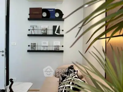 Stylish living room with modern decor and wall-mounted shelves