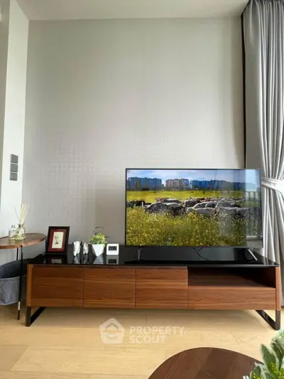 Modern living room with sleek TV stand and large flat-screen TV, showcasing elegant interior design.