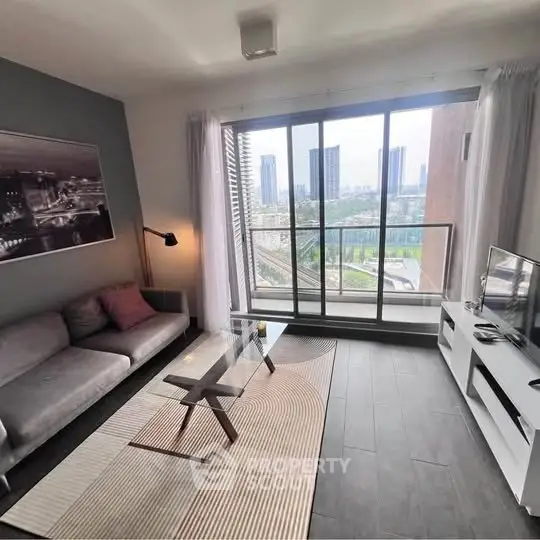 Modern living room with city view and stylish decor