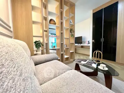 Modern living room with stylish shelving and cozy sofa