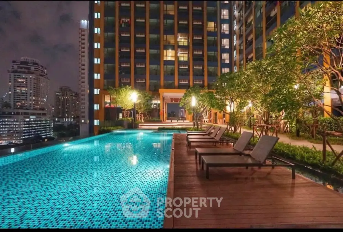Luxurious rooftop pool with city skyline views at night, perfect for relaxation and entertainment.