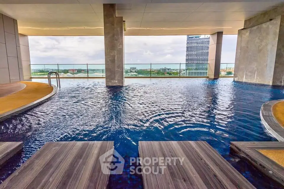 Luxurious rooftop infinity pool with stunning city views in modern high-rise building.