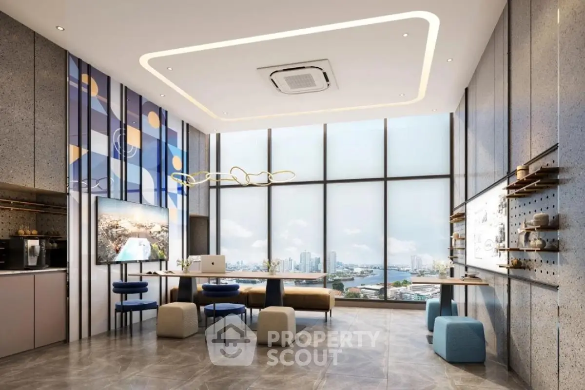 Luxurious modern living room with panoramic city view and stylish decor