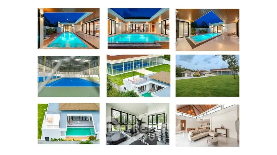 Luxurious villa with pool, tennis court, gym, and spacious interiors in a serene setting.