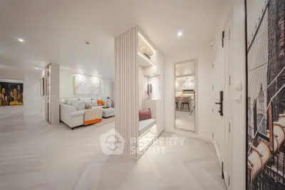 Luxurious modern apartment entrance with elegant decor and spacious living area